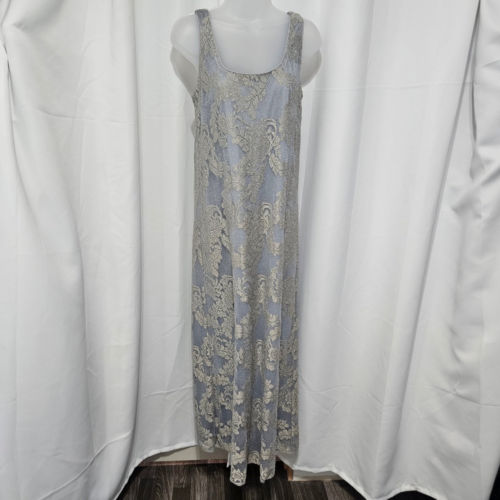 Patra Lilac Silver Metallic Floral Lace Sleeveless Maxi Gown Dress Womens 10